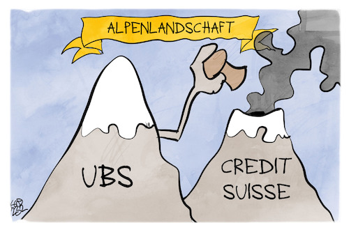 Cartoon: UBS übernimmt Credit Suisse (medium) by Kostas Koufogiorgos tagged karikatur,koufogiorgos,alpen,berg,ubs,credit,suisse,vulkan,karikatur,koufogiorgos,alpen,berg,ubs,credit,suisse,vulkan