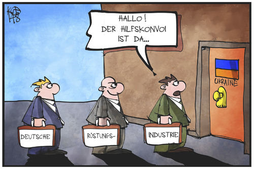 Cartoon: Ukraine-Hilfe (medium) by Kostas Koufogiorgos tagged karikatur,koufogiorgos,illustration,cartoon,deutschland,ukraine,hilfe,rüstungsindustrie,aufrüstung,waffen,lobby,lobbyisten,rüstungsexporte,wirtschaft,politik,karikatur,koufogiorgos,illustration,cartoon,deutschland,ukraine,hilfe,rüstungsindustrie,aufrüstung,waffen,lobby,lobbyisten,rüstungsexporte,wirtschaft,politik