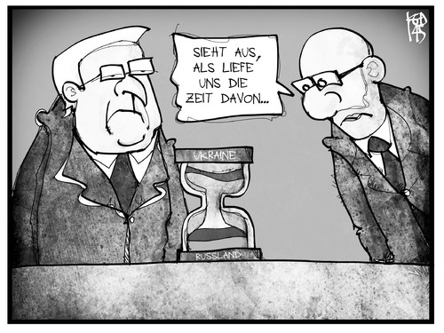 Cartoon: Ukraine-Russland (medium) by Kostas Koufogiorgos tagged karikatur,koufogiorgos,illustration,cartoon,ukraine,steinmeier,jazenjuk,sanduhr,russland,zeit,fahne,flagge,krieg,konflikt,tranformation,politik,politiker,karikatur,koufogiorgos,illustration,cartoon,ukraine,steinmeier,jazenjuk,sanduhr,russland,zeit,fahne,flagge,krieg,konflikt,tranformation,politik,politiker