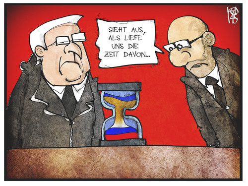 Cartoon: Ukraine-Russland (medium) by Kostas Koufogiorgos tagged karikatur,koufogiorgos,illustration,cartoon,ukraine,steinmeier,jazenjuk,sanduhr,russland,zeit,fahne,flagge,krieg,konflikt,tranformation,politik,politiker,karikatur,koufogiorgos,illustration,cartoon,ukraine,steinmeier,jazenjuk,sanduhr,russland,zeit,fahne,flagge,krieg,konflikt,tranformation,politik,politiker