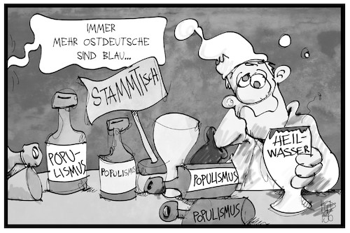 Cartoon: Umfragen Ostdeutschland (medium) by Kostas Koufogiorgos tagged karikatur,koufogiorgos,illustration,cartoon,umfrage,landtagswahl,michel,ostdeutschland,heilwasser,populismus,demokratie,blau,wähler,karikatur,koufogiorgos,illustration,cartoon,umfrage,landtagswahl,michel,ostdeutschland,heilwasser,populismus,demokratie,blau,wähler