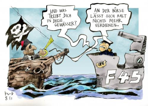 Cartoon: Und was machen SIE hier? (medium) by Kostas Koufogiorgos tagged piraterie,piraten,somalia,finanzkrise,banker,manager,bankenkrise,wirtschaft,börse,pleite,bankrott,kostas,koufogiorgos,piraterie,piraten,somalia,finanzkrise,banker,manager,bankenkrise,wirtschaft,börse,bank,banken,pleite,bankrott,geld,wirtschaftskrise