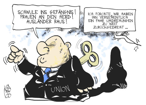 Cartoon: Union (medium) by Kostas Koufogiorgos tagged homosexualität,homo,ehe,cdu,csu,union,konservativ,politik,diskriminierung,aufziehpuppe,gesellschaft,karikatur,kostas,koufogiorgos,homosexualität,homo,ehe,cdu,csu,union,konservativ,politik,diskriminierung,aufziehpuppe,gesellschaft,karikatur,kostas,koufogiorgos