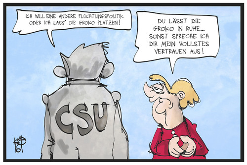 Cartoon: Unionsinterne Drohungen (medium) by Kostas Koufogiorgos tagged karikatur,koufogiorgos,illustration,cartoon,drohung,merkel,csu,cdu,union,groko,regierung,koalition,vertrauen,koalitionsbruch,politik,flüchtlingspolitik,karikatur,koufogiorgos,illustration,cartoon,drohung,merkel,csu,cdu,union,groko,regierung,koalition,vertrauen,koalitionsbruch,politik,flüchtlingspolitik