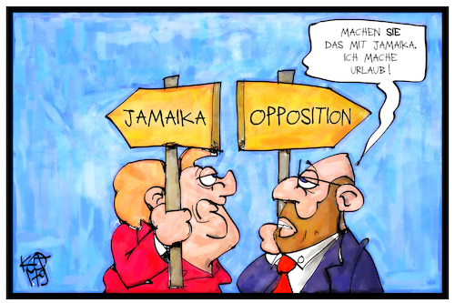 Cartoon: Urlaub oder Jamaika (medium) by Kostas Koufogiorgos tagged karikatur,koufogiorgos,illustration,cartoon,merkel,schulz,jamaika,opposition,urlaub,koalition,wahlergebnis,demokratie,spd,cdu,regierung,politik,karikatur,koufogiorgos,illustration,cartoon,merkel,schulz,jamaika,opposition,urlaub,koalition,wahlergebnis,demokratie,spd,cdu,regierung,politik