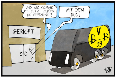 Cartoon: Urteil BVB-Anschlag (medium) by Kostas Koufogiorgos tagged karikatur,koufogiorgos,illustration,cartoon,bvb,attentat,attentäter,anschlag,bus,mannschaft,fussball,sport,gefängnis,karikatur,koufogiorgos,illustration,cartoon,bvb,attentat,attentäter,anschlag,bus,mannschaft,fussball,sport,gefängnis