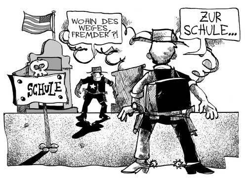 Cartoon: US-Waffenlobby (medium) by Kostas Koufogiorgos tagged usa,schule,jugend,schüler,waffen,lobby,cowboy,wildwest,amok,schutz,karikatur,kostas,koufogiorgos,usa,schule,jugend,schüler,waffen,lobby,cowboy,wildwest,amok,schutz,karikatur,kostas,koufogiorgos