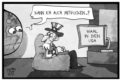 Cartoon: US-Wahl (medium) by Kostas Koufogiorgos tagged karikatur,koufogiorgos,illustration,cartoon,usa,uncle,sam,wahl,erde,welt,globus,fernsehen,live,übertragung,präsident,karikatur,koufogiorgos,illustration,cartoon,usa,uncle,sam,wahl,erde,welt,globus,fernsehen,live,übertragung,präsident