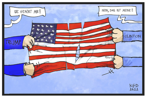 Cartoon: US-Wahl (medium) by Kostas Koufogiorgos tagged karikatur,koufogiorgos,illustration,cartoon,clinton,trump,usa,wahl,fahne,flagge,zerrissen,zerreissen,kampf,streit,präsidentschaft,karikatur,koufogiorgos,illustration,cartoon,clinton,trump,usa,wahl,fahne,flagge,zerrissen,zerreissen,kampf,streit,präsidentschaft