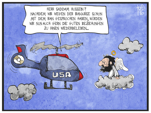 Cartoon: USA-Irak (medium) by Kostas Koufogiorgos tagged illustration,cartoon,koufogiorgos,karikatur,irak,usa,saddam,hussein,hubschrauber,engel,wolke,konflikt,isis,krieg,himmel,politik,terrorismus,iran,verbindung,beziehung,illustration,cartoon,koufogiorgos,karikatur,irak,usa,saddam,hussein,hubschrauber,engel,wolke,konflikt,isis,krieg,himmel,politik,terrorismus,iran,verbindung,beziehung