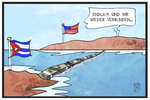 Cartoon: USA und Kuba (medium) by Kostas Koufogiorgos tagged karikatur,koufogiorgos,illustration,cartoon,usa,kuba,geld,dollar,waehrung,wirtschaft,verbindung,bruecke,annaeherung,politik,obama,castro,karikatur,koufogiorgos,illustration,cartoon,usa,kuba,geld,dollar,waehrung,wirtschaft,verbindung,bruecke,annaeherung,politik,obama,castro