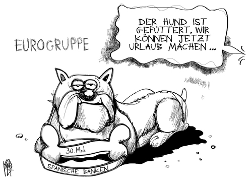 Cartoon: Spanische Banken (medium) by Kostas Koufogiorgos tagged wirtschaft,gipfel,finanzminister,eurogruppe,krise,schulden,euro,urlaub,hund,bank,spanien,karikatur,kostas,koufogiorgos,spanien,bank,hund,urlaub,euro,schulden,krise,eurogruppe,finanzminister