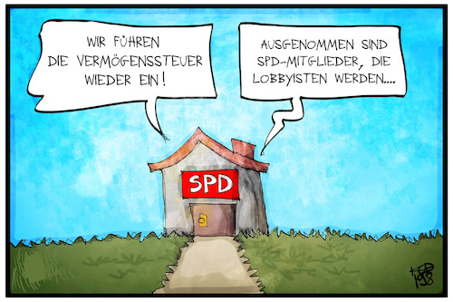 Cartoon: Vermögenssteuer (medium) by Kostas Koufogiorgos tagged karikatur,koufogiorgos,illustration,cartoon,spd,vermögen,steuer,geld,partei,sozialdemokraten,haus,karikatur,koufogiorgos,illustration,cartoon,spd,vermögen,steuer,geld,partei,sozialdemokraten,haus