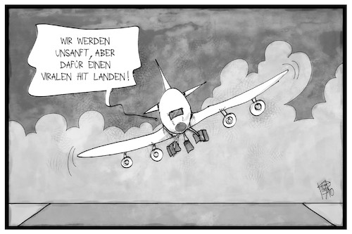 Cartoon: Virale Hitlandung (medium) by Kostas Koufogiorgos tagged karikatur,koufogiorgos,illustrtion,cartoon,xavier,airbus,a380,viral,hit,internet,flugzeug,sturm,seitenwind,unsanft,landung,karikatur,koufogiorgos,illustrtion,cartoon,xavier,airbus,a380,viral,hit,internet,flugzeug,sturm,seitenwind,unsanft,landung