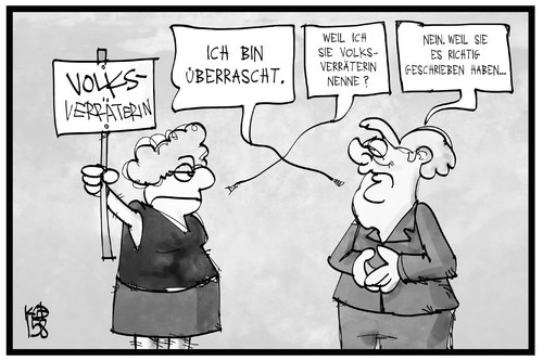 Cartoon: Volksverräterin (medium) by Kostas Koufogiorgos tagged karikatur,koufogiorgos,illustration,cartoon,merkel,demonstrantin,volksverräterin,überraschung,rechtsschreibung,bildung,heidenau,pack,ausländerfeindlichkeit,politik,karikatur,koufogiorgos,illustration,cartoon,merkel,demonstrantin,volksverräterin,überraschung,rechtsschreibung,bildung,heidenau,pack,ausländerfeindlichkeit,politik