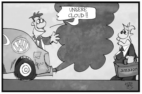 Cartoon: Volkswagen baut Cloud mit Amazon (medium) by Kostas Koufogiorgos tagged karikatur,koufogiorgos,illustration,cartoon,volkswagen,cloud,amazon,dieselgate,abgas,digitalisierung,autobauer,wirtschaft,karikatur,koufogiorgos,illustration,cartoon,volkswagen,cloud,amazon,dieselgate,abgas,digitalisierung,autobauer,wirtschaft