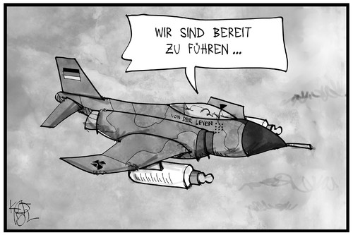 Cartoon: Von der Leyen führt (medium) by Kostas Koufogiorgos tagged karikatur,koufogiorgos,illustration,cartoon,flugzeug,bundeswehr,militär,nuckelflasche,waffe,kampfeinsatz,führung,politik,aussenpolitik,führungsrolle,karikatur,koufogiorgos,illustration,cartoon,flugzeug,bundeswehr,militär,nuckelflasche,waffe,kampfeinsatz,führung,politik,aussenpolitik,führungsrolle