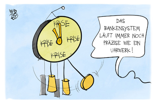 Cartoon: Von Finanzkrise zu Finanzkrise (medium) by Kostas Koufogiorgos tagged karikatur,koufogiorgos,bank,bankensystem,uhrwerk,krise,präzision,finanzkrise,karikatur,koufogiorgos,bank,bankensystem,uhrwerk,krise,präzision