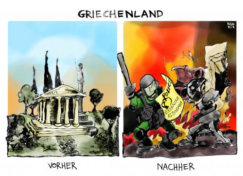 Cartoon: Vorher-Nachher (medium) by Kostas Koufogiorgos tagged griechenland,athen,polizei,autonome,ausschreitungen,krawalle,gewalt,kostas,koufogiorgos,athen,griechenland,polizei,polizist,autonome,ausschreitungen,krawalle,gewalt,sterben,tod,unfall,ausschreitung,erschießen,bürger,regierung,aufstand,gesellschaft