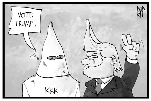 Cartoon: Vote Trump (medium) by Kostas Koufogiorgos tagged karikatur,koufogiorgos,illustration,cartoon,trump,ku,klux,klan,sekte,extremismus,usa,wahl,präsidentschaftskandidat,wahlempfehlung,politik,karikatur,koufogiorgos,illustration,cartoon,trump,ku,klux,klan,sekte,extremismus,usa,wahl,präsidentschaftskandidat,wahlempfehlung,politik