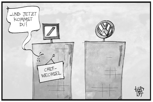 Cartoon: VW-Chefwechsel (medium) by Kostas Koufogiorgos tagged karikatur,koufogiorgos,cartoon,illustration,vw,volkswagen,deutsche,bank,sewing,chef,wechsel,müller,autobauer,wirtschaft,vorstand,konzern,umbau,karikatur,koufogiorgos,cartoon,illustration,vw,volkswagen,deutsche,bank,sewing,chef,wechsel,müller,autobauer,wirtschaft,vorstand,konzern,umbau