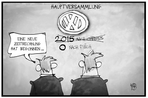 Cartoon: VW-Hauptversammlung (medium) by Kostas Koufogiorgos tagged karikatur,koufogiorgos,illustration,cartoon,vw,volkswagen,eigentümerversammlung,zeitrechnung,uhr,piech,neustart,neuanfang,wirtschaft,karikatur,koufogiorgos,illustration,cartoon,vw,volkswagen,eigentümerversammlung,zeitrechnung,uhr,piech,neustart,neuanfang,wirtschaft