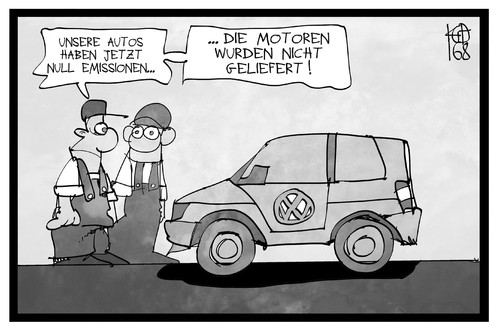 Cartoon: VW-Zuliefererstreit (medium) by Kostas Koufogiorgos tagged karikatur,koufogiorgos,illustration,cartoon,vw,arbeiter,volkswagen,zulieferer,streit,autoteile,autobauer,wirtschaft,motor,emissionen,dieselgate,karikatur,koufogiorgos,illustration,cartoon,vw,arbeiter,volkswagen,zulieferer,streit,autoteile,autobauer,wirtschaft,motor,emissionen,dieselgate