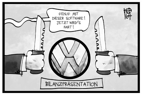 Cartoon: VW (medium) by Kostas Koufogiorgos tagged karikatur,koufogiorgos,illustration,cartoon,vw,volkswagen,dividende,streit,software,messer,dieselgate,abgasskandal,wirtschaft,bilanz,karikatur,koufogiorgos,illustration,cartoon,vw,volkswagen,dividende,streit,software,messer,dieselgate,abgasskandal,wirtschaft,bilanz