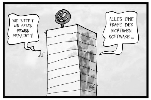 Cartoon: VW macht Gewinn (medium) by Kostas Koufogiorgos tagged karikatur,koufogiorgos,illustration,cartoon,vw,volkswagen,gewinn,software,manipulation,konzern,automobil,börse,verlust,bilanz,betrug,dieselgate,wirtschaft,karikatur,koufogiorgos,illustration,cartoon,vw,volkswagen,gewinn,software,manipulation,konzern,automobil,börse,verlust,bilanz,betrug,dieselgate,wirtschaft