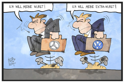 Cartoon: VW und Mercedes (medium) by Kostas Koufogiorgos tagged mercedes,vw,cartoon,illustration,koufogiorgos,karikatur,aufsichtsrat,manager,bonus,wurst,extrawurst,streit,aktionär,wut,geld,karikatur,koufogiorgos,illustration,cartoon,vw,mercedes,manager,aufsichtsrat,bonus,wurst,extrawurst,streit,aktionär,wut,geld