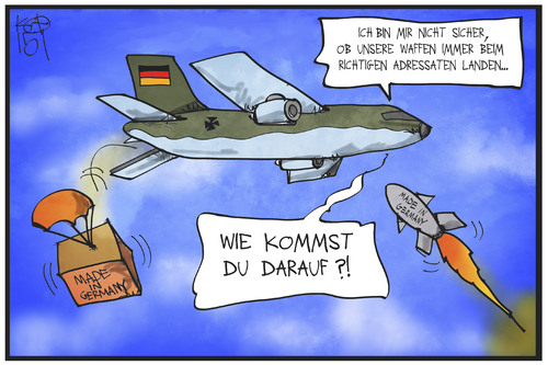 Cartoon: Waffen in den Irak (medium) by Kostas Koufogiorgos tagged karikatur,koufogiorgos,illustration,cartoon,irak,waffen,flugzeug,rakete,angriff,abwurf,lieferung,bundeswehr,deutschland,politik,karikatur,koufogiorgos,illustration,cartoon,irak,waffen,flugzeug,rakete,angriff,abwurf,lieferung,bundeswehr,deutschland,politik