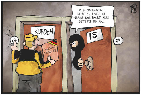 Cartoon: Waffenlieferungen (medium) by Kostas Koufogiorgos tagged karikatur,koufogiorgos,illustration,cartoon,is,kurden,waffen,paket,bote,post,terrorismus,lieferung,deutschland,krieg,konflikt,politik,karikatur,koufogiorgos,illustration,cartoon,is,kurden,waffen,paket,bote,post,terrorismus,lieferung,deutschland,krieg,konflikt,politik