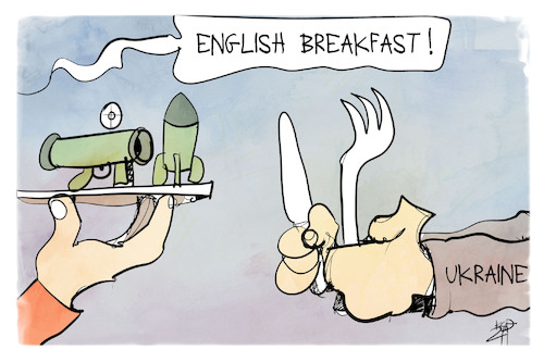 Cartoon: Waffenlieferungen (medium) by Kostas Koufogiorgos tagged karikatur,koufogiorgos,illustration,cartoon,ukraine,waffen,england,großbritannien,breakfast,krieg,konflikt,karikatur,koufogiorgos,illustration,cartoon,ukraine,waffen,england,großbritannien,breakfast,krieg,konflikt