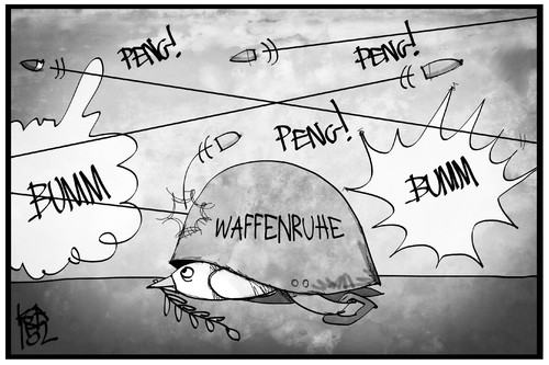 Cartoon: Waffenruhe (medium) by Kostas Koufogiorgos tagged karikatur,koufogiorgos,illustration,cartoon,ukraine,waffenruhe,friedenstaube,schüsse,explosion,krieg,konflikt,helm,politik,karikatur,koufogiorgos,illustration,cartoon,ukraine,waffenruhe,friedenstaube,schüsse,explosion,krieg,konflikt,helm,politik