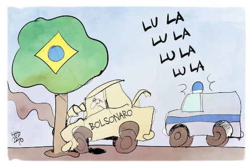 Cartoon: Wahl in Brasilien (medium) by Kostas Koufogiorgos tagged karikatur,koufogiorgos,brasilien,lula,bolsonaro,unfall,polizei,karikatur,koufogiorgos,brasilien,lula,bolsonaro,unfall,polizei