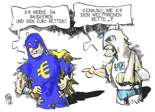 Cartoon: Welt- und Euro-Rettung (medium) by Kostas Koufogiorgos tagged welt,frieden,un,vereinte,nationen,euro,schulden,krise,rettung,europa,karikatur,kostas,koufogiorgos