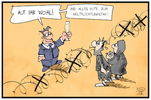 Cartoon: Weltflüchtlingstag (medium) by Kostas Koufogiorgos tagged karikatur,koufogiorgos,illustration,cartoon,flüchtlinge,weltflüchtlingstag,grenze,gratulation,karikatur,koufogiorgos,illustration,cartoon,flüchtlinge,weltflüchtlingstag,grenze,gratulation