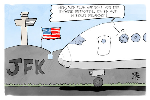 Cartoon: Weltweite IT-Panne (medium) by Kostas Koufogiorgos tagged karikatur,koufogiorgos,it,panne,computer,flugzeug,flughafen,technik,karikatur,koufogiorgos,it,panne,computer,flugzeug,flughafen,technik