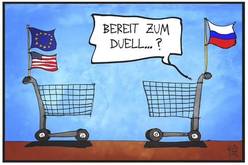 Cartoon: Wirtschaftsduell (medium) by Kostas Koufogiorgos tagged karikatur,koufogiorgos,illustration,cartoon,eu,usa,russland,einkaufswagen,wirtschaft,duell,handel,waren,sanktionen,politik,konflikt,karikatur,koufogiorgos,illustration,cartoon,eu,usa,russland,einkaufswagen,wirtschaft,duell,handel,waren,sanktionen,politik,konflikt