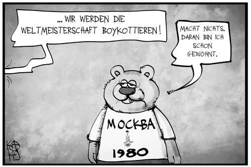 Cartoon: WM-Boykott (medium) by Kostas Koufogiorgos tagged karikatur,koufogiorgos,illustration,cartoon,moskau,1980,olympia,boykott,sport,sportveranstaltung,wm,bär,maskottchen,politik,eu,europa,russland,karikatur,koufogiorgos,illustration,cartoon,moskau,1980,olympia,boykott,sport,sportveranstaltung,wm,bär,maskottchen,politik,eu,europa,russland