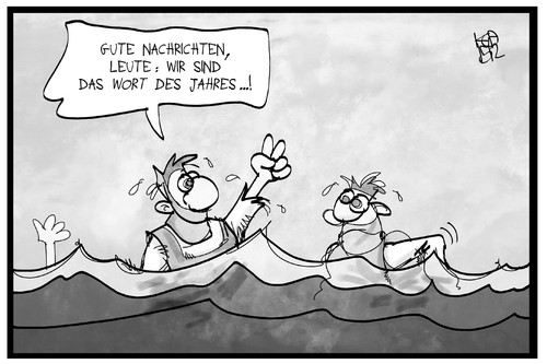 Cartoon: Wort des Jahres (medium) by Kostas Koufogiorgos tagged karikatur,koufogiorgos,illustration,cartoon,fluechtlinge,wasser,meer,ertrinken,wort,deutsch,sprache,sieger,karikatur,koufogiorgos,illustration,cartoon,fluechtlinge,wasser,meer,ertrinken,wort,deutsch,sprache,sieger