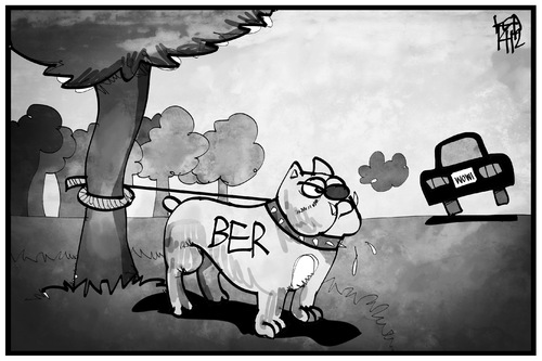 Cartoon: Wowereits Abschied (medium) by Kostas Koufogiorgos tagged karikatur,koufogiorgos,cartoon,illustration,wowi,wowereit,ber,flughafen,berlin,bürgermeister,aussetzen,hund,verlassen,verantwortung,auto,flucht,rücktritt,politik,spd,karikatur,koufogiorgos,cartoon,illustration,wowi,wowereit,ber,flughafen,berlin,bürgermeister,aussetzen,hund,verlassen,verantwortung,auto,flucht,rücktritt,politik,spd