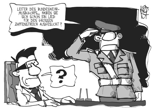 Cartoon: Zapfenstreich (medium) by Kostas Koufogiorgos tagged maiziere,drohne,drohnenaffäre,bundeswehr,musik,zapfenstreich,untersuchungsausschuss,karikatur,koufogiorgos,maiziere,drohne,drohnenaffäre,bundeswehr,musik,zapfenstreich,untersuchungsausschuss,karikatur,koufogiorgos