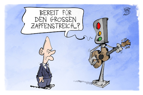 Cartoon: Zapfenstreich (medium) by Kostas Koufogiorgos tagged karikatur,koufogiorgos,scholz,zapfenstreich,ampel,karikatur,koufogiorgos,scholz,zapfenstreich,ampel