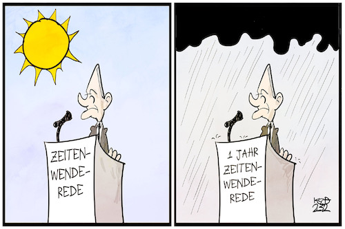 Cartoon: Zeitenwende (medium) by Kostas Koufogiorgos tagged karikatur,koufogiorgos,zeitenwende,rede,scholz,kritik,karikatur,koufogiorgos,zeitenwende,rede,scholz,kritik