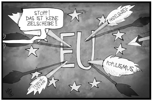 Cartoon: Zielscheibe Europa (medium) by Kostas Koufogiorgos tagged karikatur,koufogiorgos,illustration,cartoon,zielscheibe,europa,terrorismus,spanien,italien,instabilität,handelskrieg,populismus,pfeile,angriff,eu,karikatur,koufogiorgos,illustration,cartoon,zielscheibe,europa,terrorismus,spanien,italien,instabilität,handelskrieg,populismus,pfeile,angriff,eu