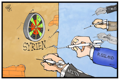 Cartoon: Zielscheibe Syrien (medium) by Kostas Koufogiorgos tagged karikatur,koufogiorgos,illustration,cartoon,syrien,zielscheibe,angriff,westen,tuerkei,rebellen,assad,russland,krieg,konflikt,dart,pfeile,schießen,karikatur,koufogiorgos,illustration,cartoon,syrien,zielscheibe,angriff,westen,tuerkei,rebellen,assad,russland,krieg,konflikt,dart,pfeile,schießen