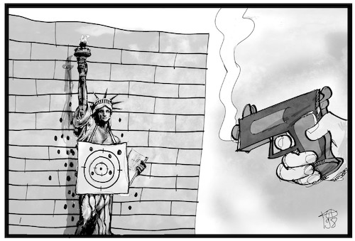 Cartoon: Zielscheibe USA (medium) by Kostas Koufogiorgos tagged karikatur,koufogiorgos,illustration,cartoon,usa,waffen,gewalt,freiheit,statue,miss,liberty,zielscheibe,schuss,karikatur,koufogiorgos,illustration,cartoon,usa,waffen,gewalt,freiheit,statue,miss,liberty,zielscheibe,schuss