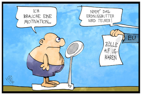 Cartoon: Zoll auf US-Waren (medium) by Kostas Koufogiorgos tagged karikatur,koufogiorgos,illustration,cartoon,strafzoll,usa,eu,dick,abnehmen,motivation,wirtschaft,handel,handelskrieg,karikatur,koufogiorgos,illustration,cartoon,strafzoll,usa,eu,dick,abnehmen,motivation,wirtschaft,handel,handelskrieg