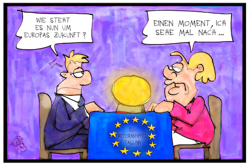 Cartoon: Zukunft der EU (medium) by Kostas Koufogiorgos tagged karikatur,koufogiorgos,illustration,cartoon,tallinn,eu,europa,zukunft,reform,gipfel,wahrsager,hellseher,merkel,glaskugel,zauberei,raten,karikatur,koufogiorgos,illustration,cartoon,tallinn,eu,europa,zukunft,reform,gipfel,wahrsager,hellseher,merkel,glaskugel,zauberei,raten